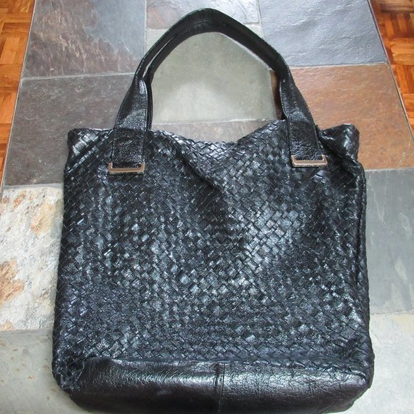 Elliot Lucca Black Leather Woven Tote Bag - Picture 1 of 5